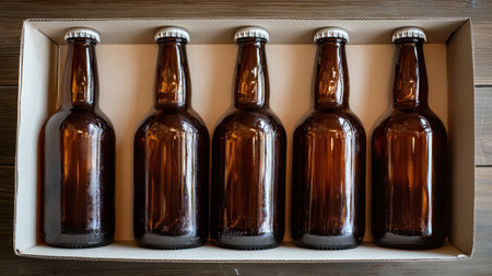 Five empty amber beer bottles arranged in a box on a rustic wooden table. Ideal for showcasing craft beer packaging or beverage-related designs.の素材