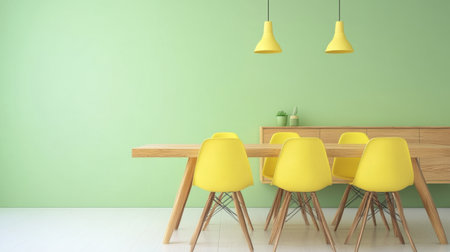 A stylish modern dining room featuring yellow chairs around a wooden table, set against a refreshing green wall. Ideal for contemporary home decor.の素材