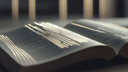 An open book placed on a table, illuminated by soft light. The elegant patterns created by the illumination highlight the text, evoking a sense of calm and inspiration for study or reading.の素材