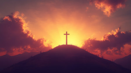 A stunning silhouette of a cross on a hill at sunset, radiating hope and tranquility. The vibrant sky and dramatic clouds enhance the spiritual atmosphere.の素材