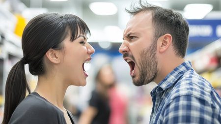 A dramatic confrontation between a man and woman in a retail store, showcasing intense emotions and the dynamics of conflict in a public setting.の素材