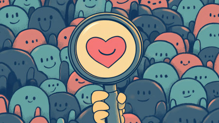 A colorful illustration showing a hand holding a magnifying glass revealing a heart, symbolizing love and connection in a joyful crowd of characters.の素材