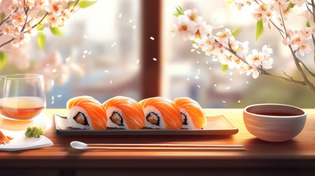 Sushi set with sashimi rolls of smoked eel and salmon, soy sauce on the side, on a wooden table.の素材