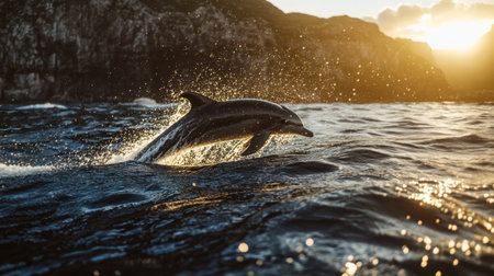Dolphin leaping gracefully from the ocean, water droplets sparkling in the golden sunset light.の素材