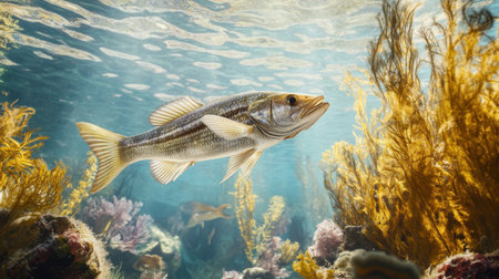 Close-up of a snook fish swimming in crystal-clear ocean waters, surrounded by swaying sea fans and colorful reef lifeの素材
