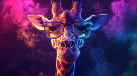 Fun fantasy giraffe with bright glasses, surreal multicolor style, creative inspiration vibe.の素材