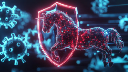 3D render of a Trojan horse virus blocked by a glowing shield, vibrant colors highlighting cybersecurity and protectionの素材