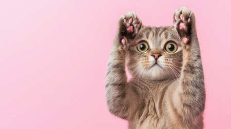 Funny shocked cat, wide eyes and paws on head, pink background with plenty of copy space.の素材