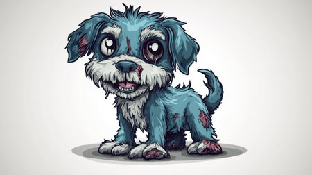 A cute cartoon zombie puppy with tattered fur and a cheerful expression, showcasing a whimsical style and set against a plain white background.の素材