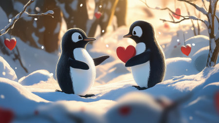 Penguins gazing at each other lovingly, creating a romantic Valentine Day setting in the snow.の素材