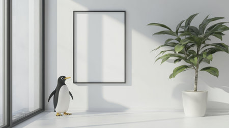 Minimalistic white frame mockup on wall, penguin doll by the frosted window, adding a warm touchの素材