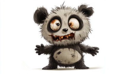 A charming zombie panda with one eye missing and a playful expression, illustrated in cartoon style with tattered fur, isolated on a white background.の素材
