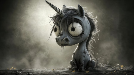 Zombie unicorn with tattered mane, big eyes, crooked horn, cartoon style, cute yet spooky, Halloween funの素材