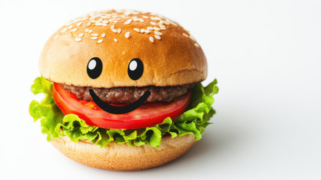 Cute and colorful kids meal burger, cartoon face, isolated on white, designed to look fun and appetizingの素材