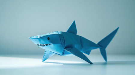 This image features a vibrant blue origami shark model, showcasing creativity and craftsmanship. The shark is set against a bright background, emphasizing its intricate design and playful nature.の素材