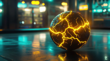 A captivating sphere with electric patterns glows in a modern setting. Perfect for themes of technology, energy, and abstract art in vibrant colors.の素材