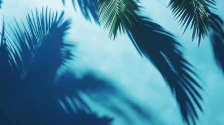 A serene composition of tropical shadows cast on a blue background. This image captures the essence of a peaceful summer day, evoking tranquility and natural beauty.の素材