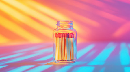 A vibrant scene of colorful matchsticks in a clear glass jar, illuminated by soft light patterns, creates a striking visual perfect for modern decor concepts.の素材