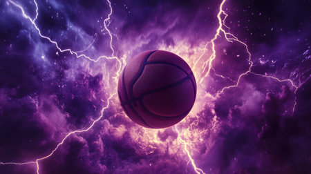 A stunning visual of a basketball amidst vibrant cosmic lightning, capturing the energy and excitement of the sport in a dramatic, surreal setting.の素材