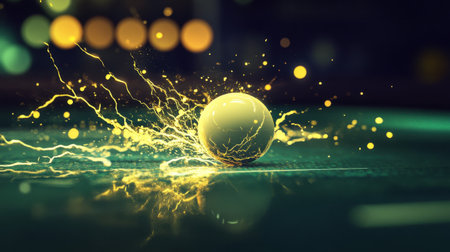 A vibrant table tennis ball in motion, surrounded by energetic splashes of light, capturing the excitement and dynamism of sport and competition.の素材