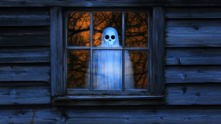 A haunting ghostly figure appears behind a misty window, evoking feelings of mystery and fear. Perfect for Halloween or supernatural themes.の素材