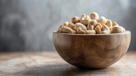 A beautiful wooden bowl filled with cashew nuts on a rustic table. Perfect for showcasing healthy snacks, culinary delights, or natural ingredients.の素材