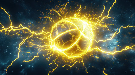 A stunning depiction of a basketball surrounded by an electric energy burst. Ideal for sports themes, dynamic designs, and vibrant backgrounds.の素材