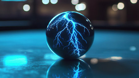 This striking image showcases a glowing sphere with electric lightning effects, creating a dynamic and vibrant visual perfect for science and technology themes.の素材