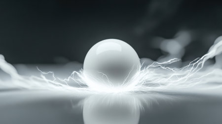 A striking white sphere surrounded by electric energy. This unique composition features a dramatic contrast against a dark background, highlighting movement and light.の素材