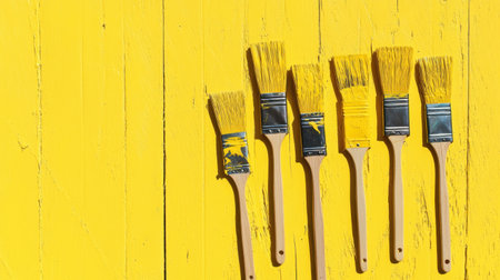 A collection of yellow paint brushes displayed on a bright yellow wooden surface. Perfect for showcasing creativity and DIY home projects.の素材