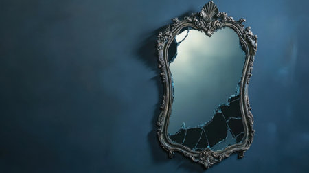 This image showcases an antique mirror with a cracked reflection, set against a dark blue wall. The ornate frame adds vintage elegance, creating a mysterious atmosphere.の素材