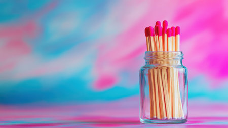 A glass jar filled with wooden matches stands against a vibrant, colorful background. This still life captures simplicity and creativity in everyday objects.の素材