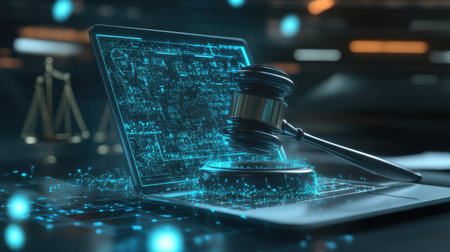 A modern digital representation of justice featuring a gavel on a laptop. The image blends technology and law, showcasing innovation in the legal field.の素材