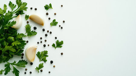 A vibrant arrangement of fresh parsley, garlic cloves, and black pepper on a white background, perfect for culinary inspiration and healthy cooking themes.の素材