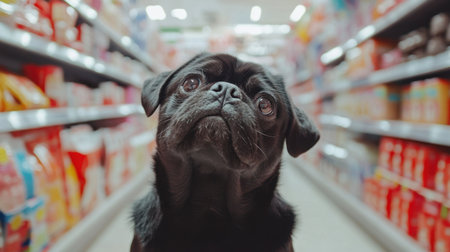 A curious pug stands in a vibrant pet supply aisle, showcasing a distinct expression of interest and wonder among colorful products and shelves.の素材