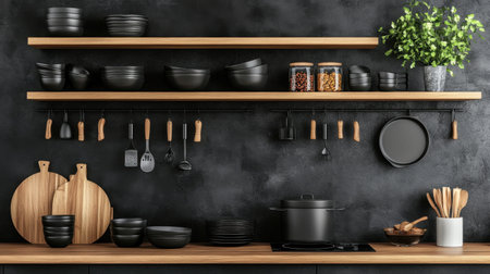 A contemporary kitchen setup featuring stylish black cookware and wooden utensils arranged on clean shelves, complemented by greenery for a modern touch.の素材