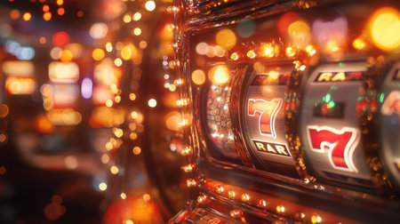 Close-up of a vibrant slot machine featuring bright lights and jackpot symbols, capturing the thrill of gambling and the excitement of winning.の素材