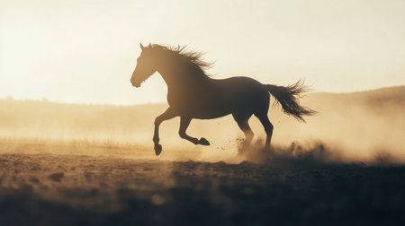 A magnificent horse gallops through a dusty landscape, kicking up clouds of dust against a beautiful sunset backdrop. The scene captures freedom and wild beauty.の素材