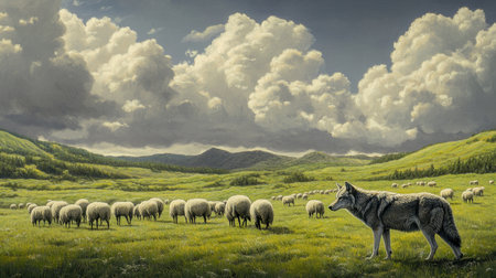 A coyote stands watchfully in a vibrant green meadow filled with grazing sheep. Majestic clouds hover above, creating a tranquil outdoor scene.の素材