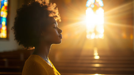 A woman meditatively embraces serenity in a sunlit church, surrounded by beautiful stained glass. The warm light enhances a moment of inner peace and reflection.の素材