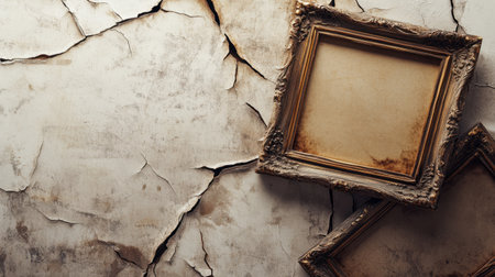 Two vintage frames lean against a cracked wall, creating a rustic and nostalgic atmosphere. The weathered textures enhance the emotional appeal.の素材