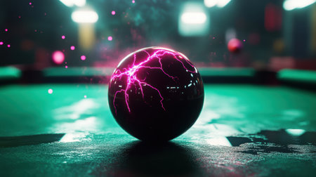 A stunning electric pool ball with a lightning effect sits on a green table surface, creating a dynamic scene full of energy and excitement. Perfect for sports and recreation themes.の素材