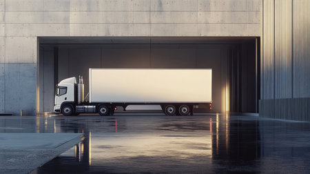 A lone truck parked in an industrial space, showcasing a clean design and reflecting on the wet surface, emphasizing transportation and logistics themes.の素材