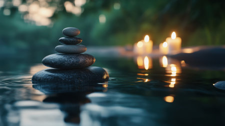 A peaceful arrangement of stacked stones on a serene water surface, illuminated by soft candlelight. Ideal for promoting relaxation and meditation.の素材