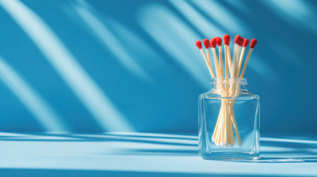 A clear glass jar filled with red-tipped matchsticks casts soft shadows against a blue background, creating a serene and artistic still-life composition.の素材