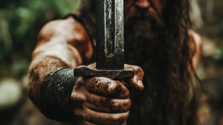 A fierce warrior grips a weathered sword, showcasing raw strength and determination. Set in a natural backdrop, this image captures the essence of bravery and ancient battle.の素材