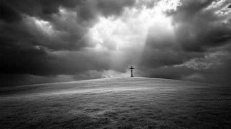 A solitary cross stands on a grassy hill, framed by a dramatic sky with rays of light piercing through dark clouds, evoking feelings of peace and spirituality.の素材