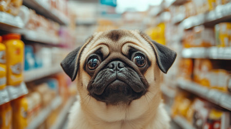 A delightful pug with a charming expression stands in a grocery aisle, capturing attention with its big eyes and playful demeanor, perfect for pet lovers.の素材