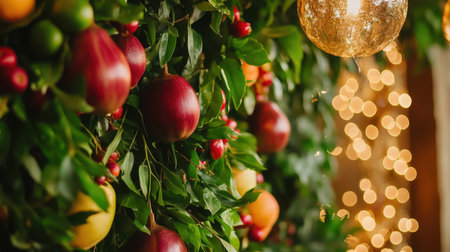 A vibrant wall adorned with various fruits and greenery, illuminated by soft decorative lights, creating a cheerful and inviting atmosphere for any setting.の素材