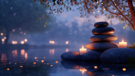 Discover a serene scene of stacked stones beside tranquil water, illuminated by soft candlelight, creating a peaceful and calming ambiance perfect for relaxation and meditation.の素材